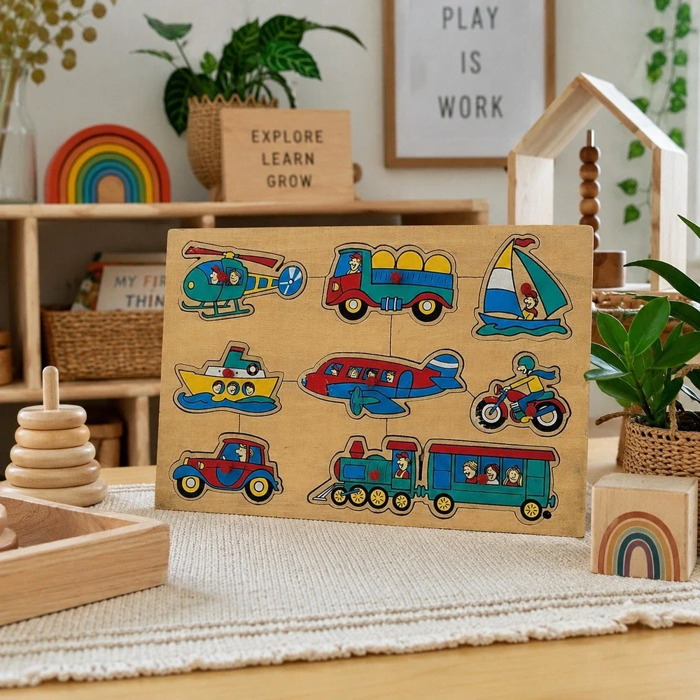 Vintage Wooden Transportation Puzzle Complete Preschool Learning Toy